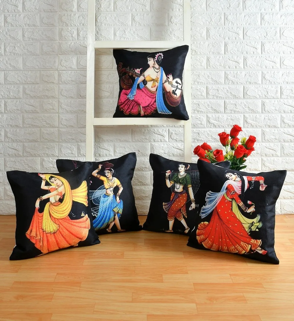 Girl dancing art printed cushion cover jute front, 16x16, set of 5