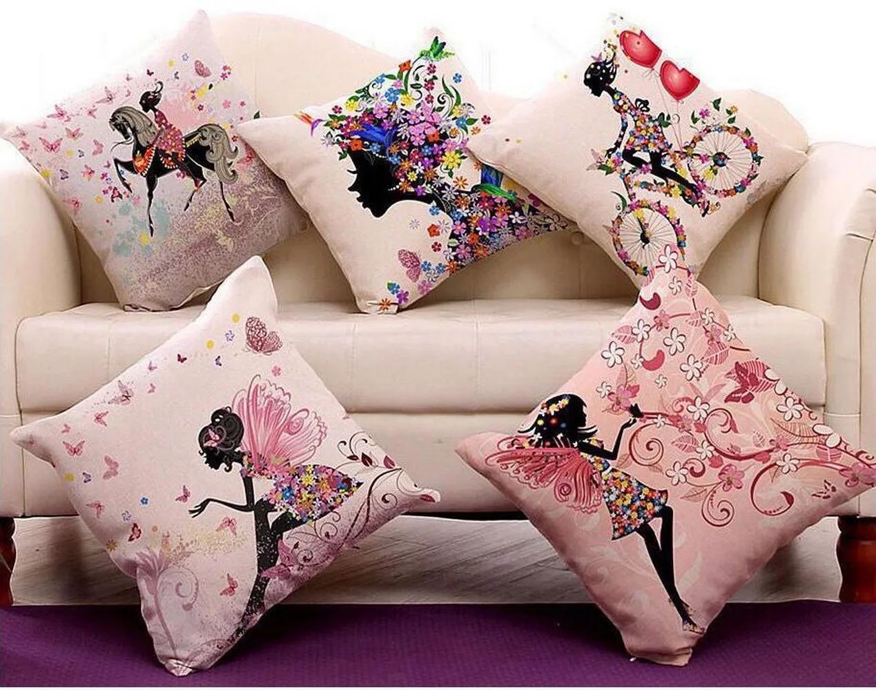 Girl dream fantasy floral printed cushion cover jute, 16x16, set of 5