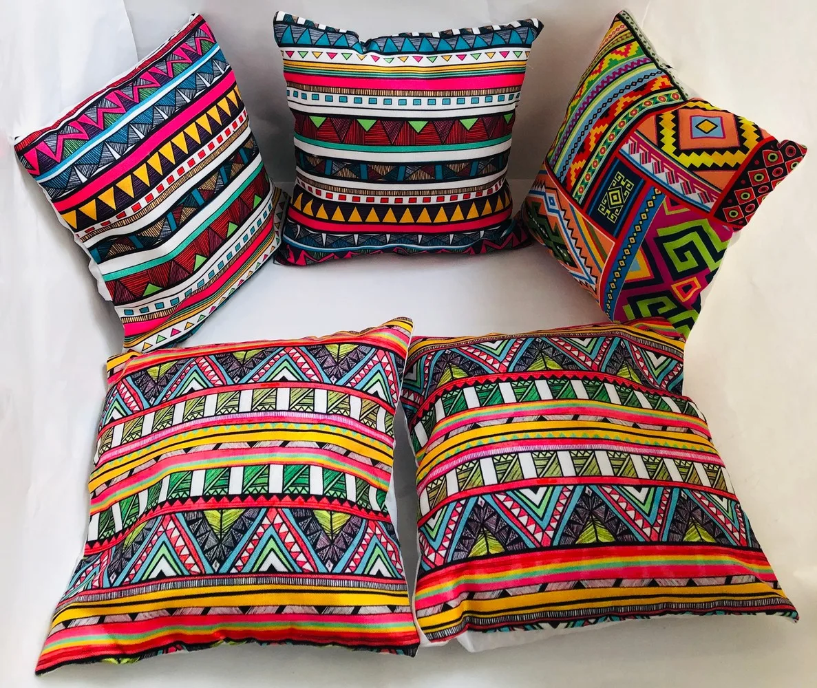 Abstract geometric colorful pattern printed cushion cover jute, 16x16, set of 5