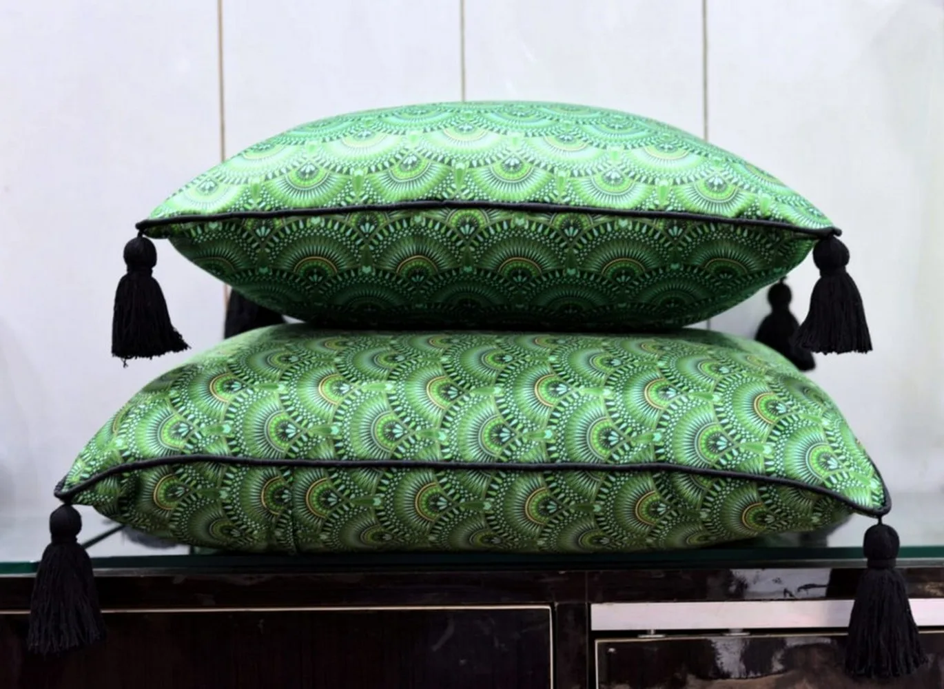 Motif printed cushion cover combo polyester satin 22x22, 26x26, green, set of 2