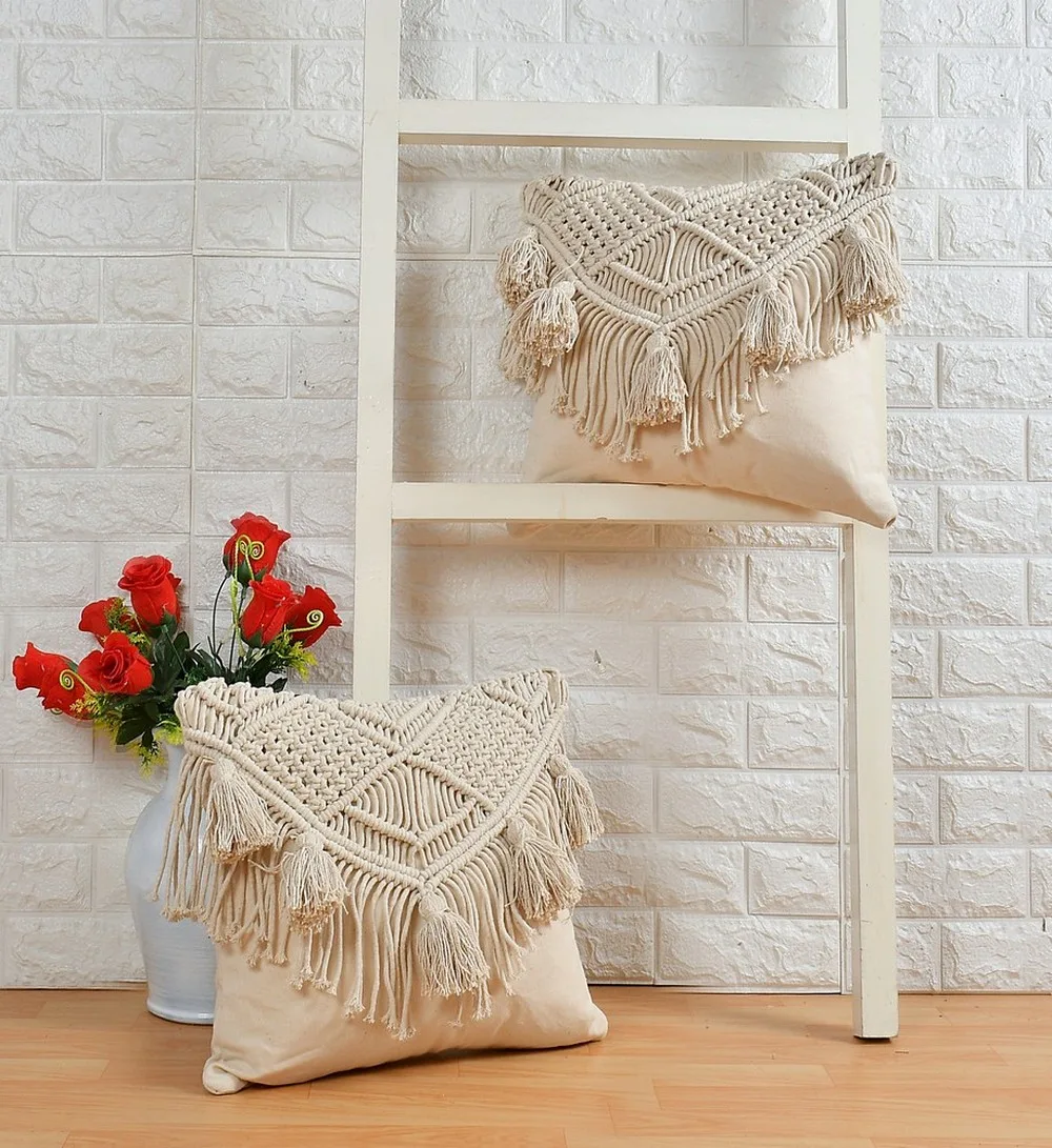 Macrame Front triangle diamond latkan cushion cover, 16x16