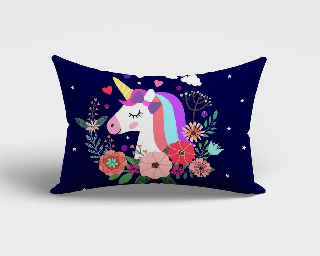Blue unicorn printed pillow, 18x12