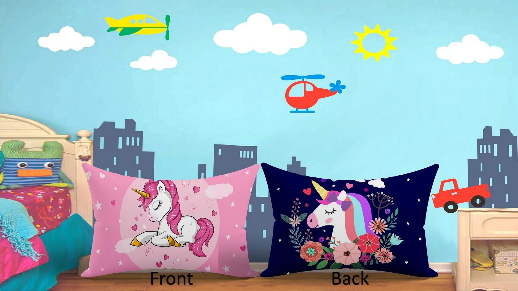 Kids Cartoon printed pillow Pink Unicorn front, Blue unicorn back, 18x12
