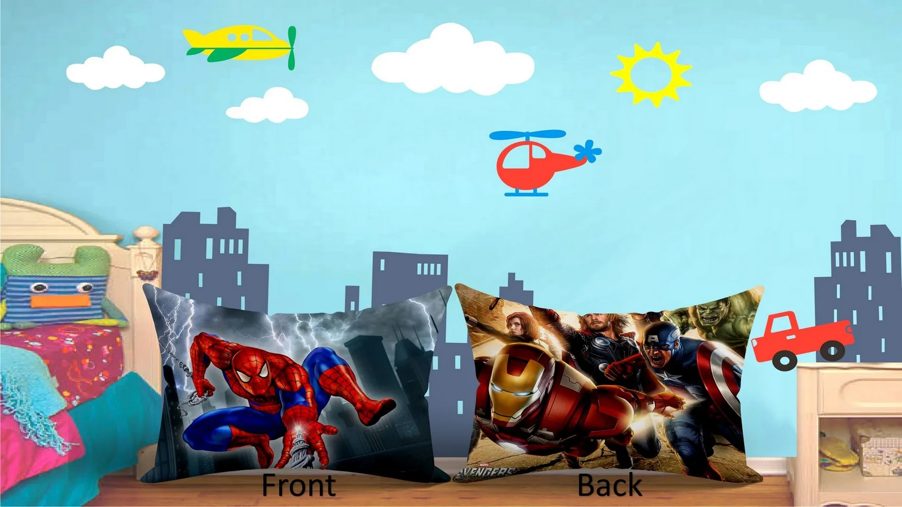 Kids Cartoon printed pillow Spiderman front, Avengers back, 18x12