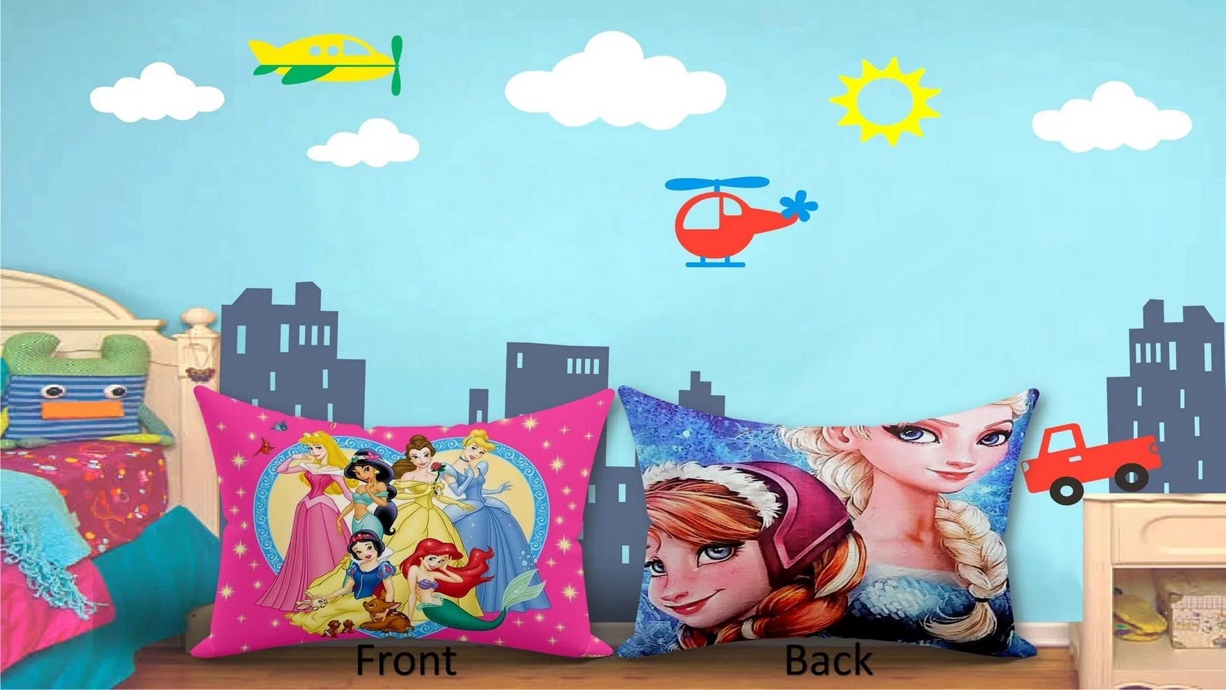 Kids Cartoon printed pillow Princess heart front, Frozen back, 18x12