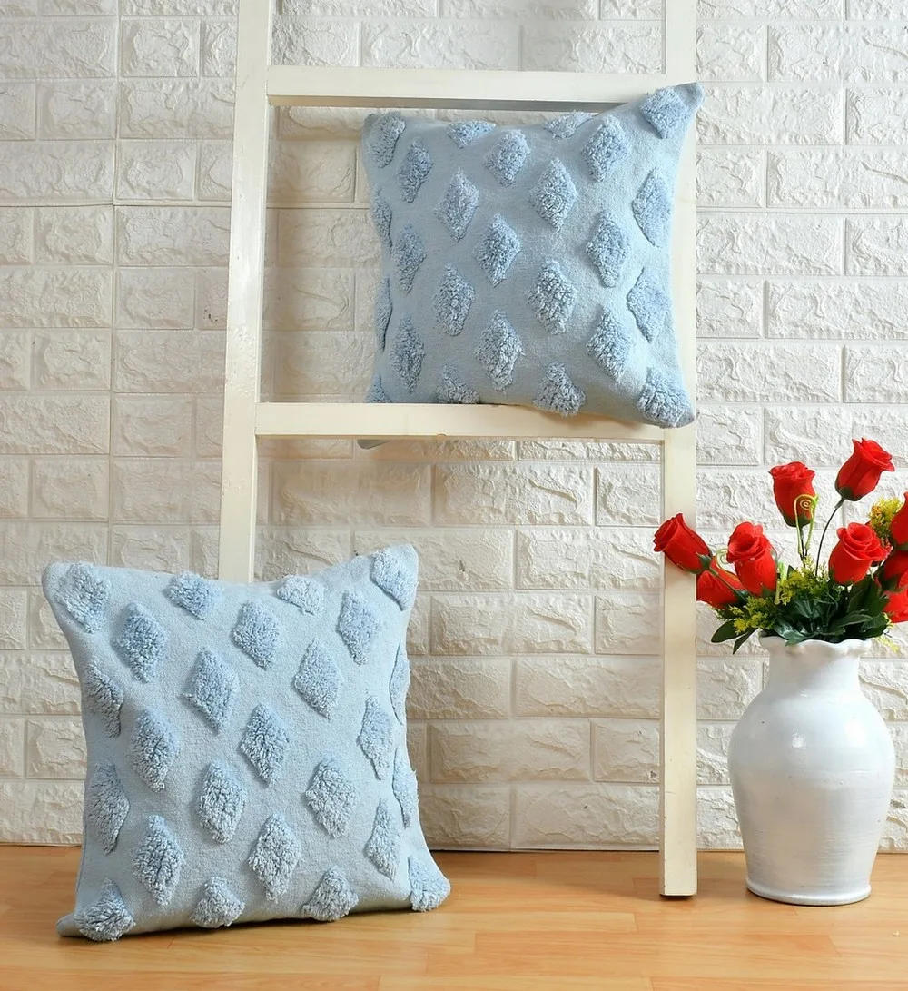 Small diamonds barfi tufted cushion cover, Lite Blue, 20x20