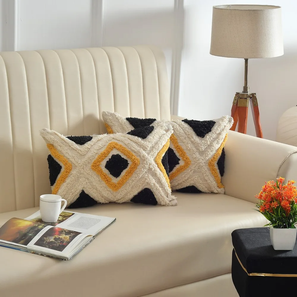 Cross pattern tri color cushion cover tufted, off-white, black, mustard