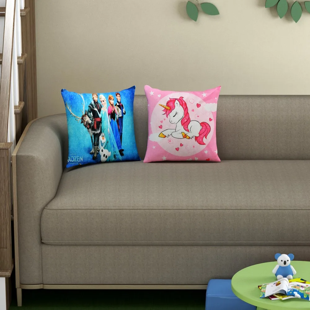 Unicorn, Frozen princess printed cushion cover set jute, 12x12 inches, Set of 2