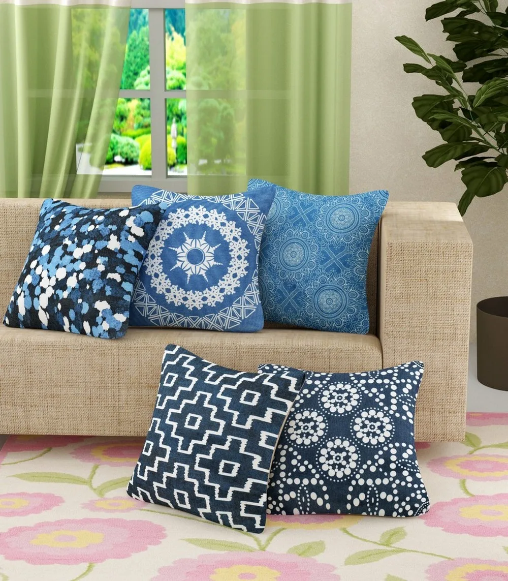 Blue abstract printed cushion cover jute, 16x16, Set of 5