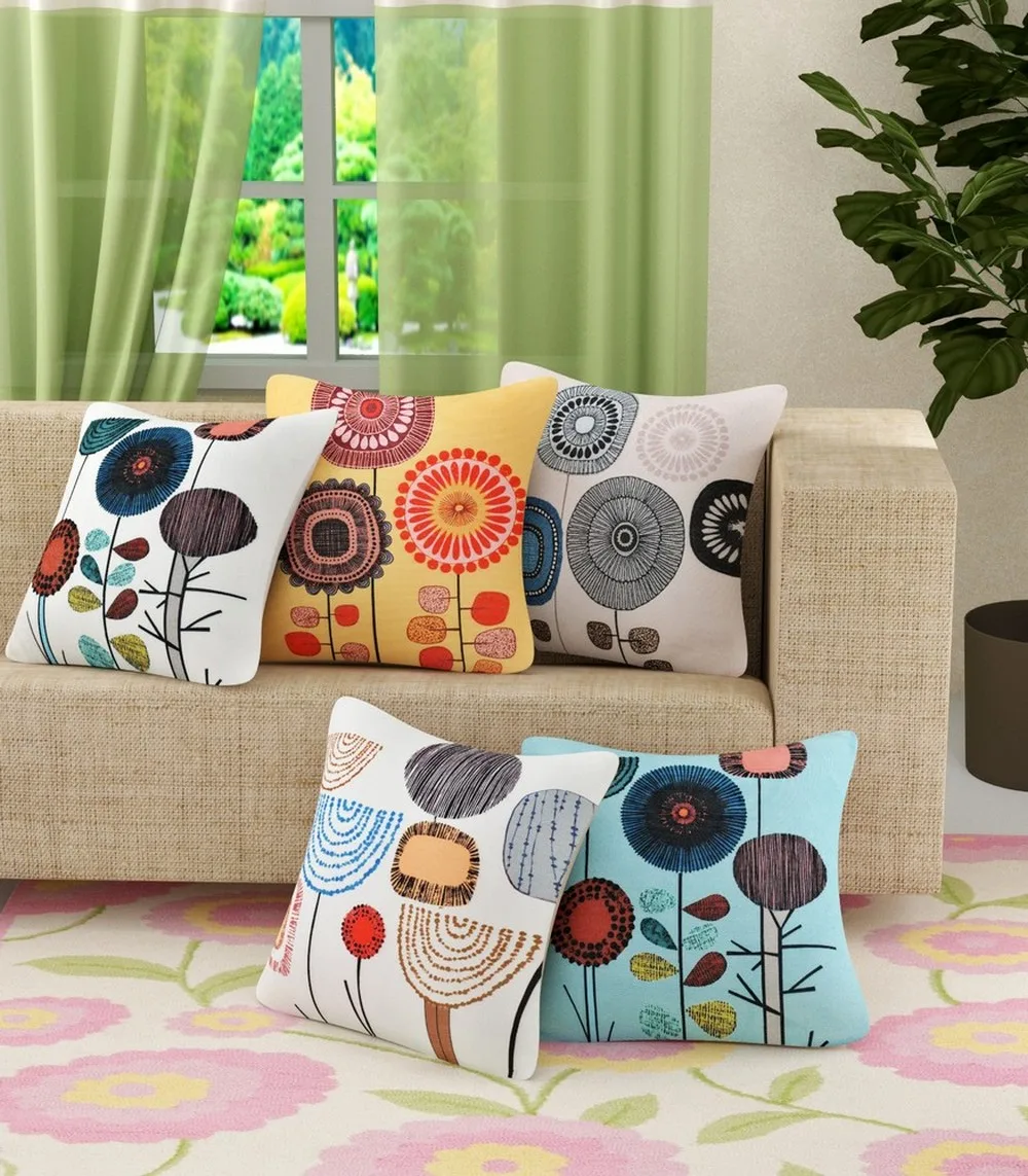 Floral Art printed cushion covers jute, 16x16, Set of 5