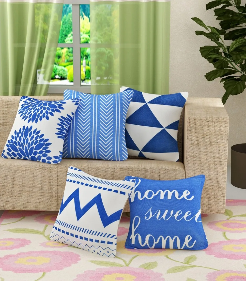 Blue home sweet home printed cushion cover jute, 16x16, set of 5