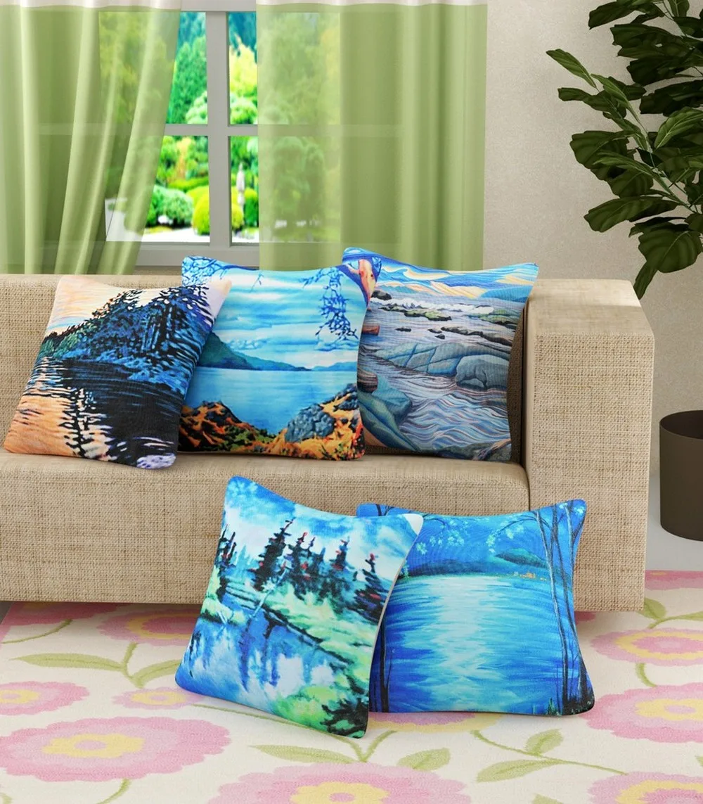 Blue nature landscape printed cushion cover jute, 16x16, set of 5