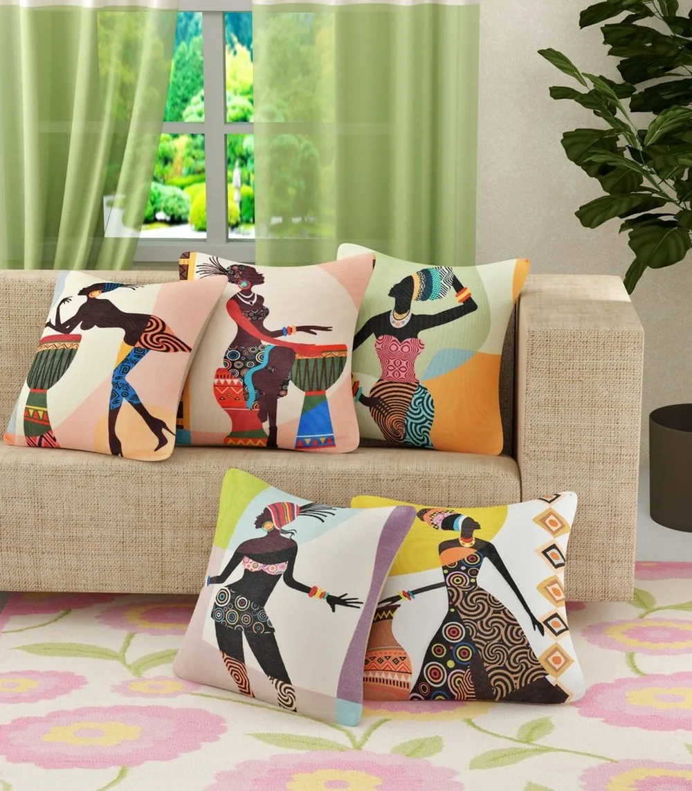 African tribal dance printed cushion cover, 16x16, set of 5