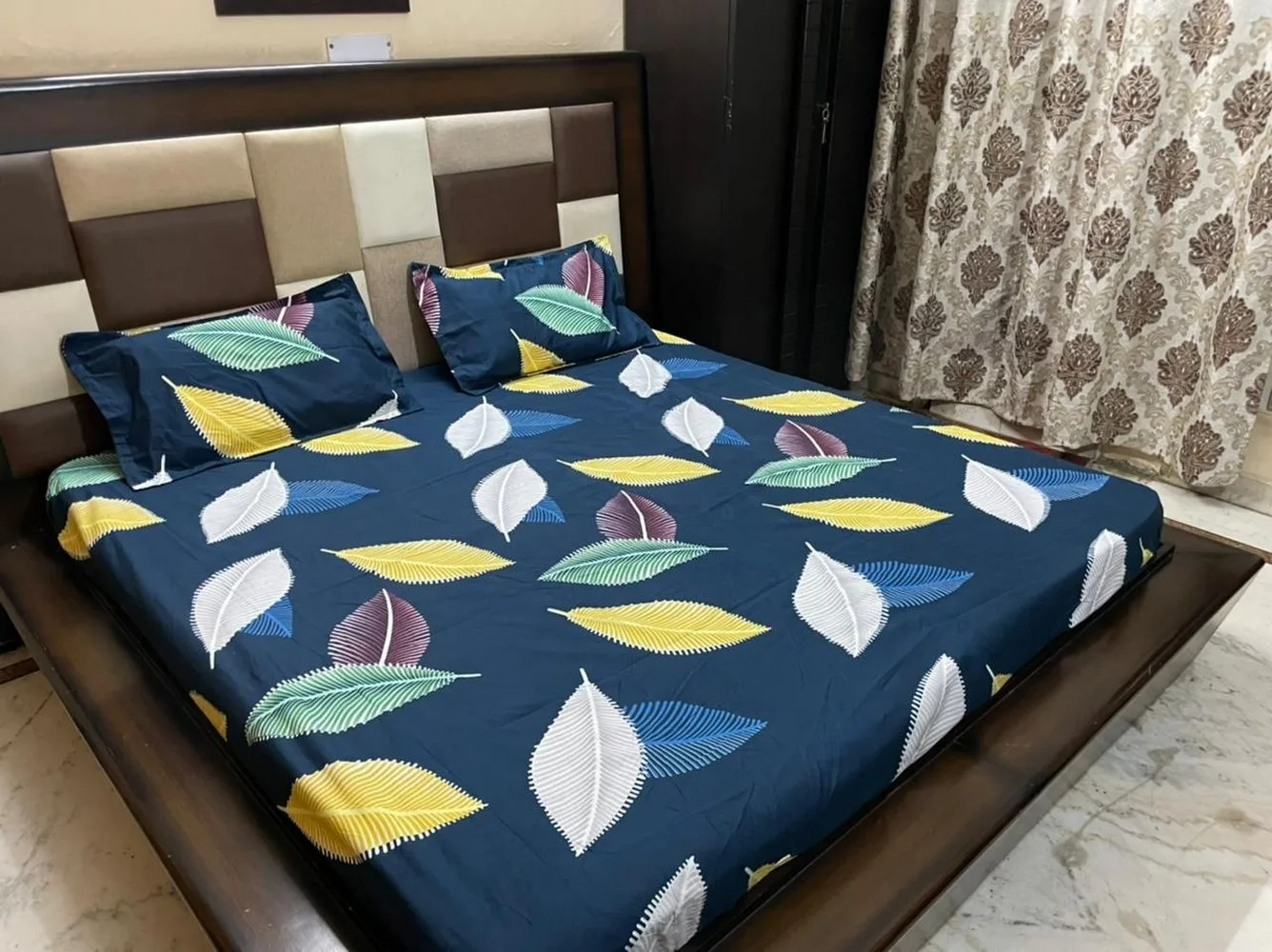 Bedsheet printed, Fitted, Elastic Corner, 90x100, Glace Cotton, 2 Pillow Covers, blue, leaf design