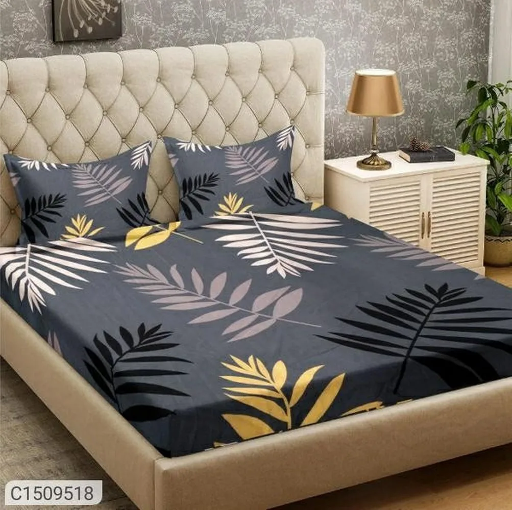 Bedsheet printed, Fitted, Elastic Corner, 90x100, Glace Cotton, 2 Pillow Covers, grey leaf design