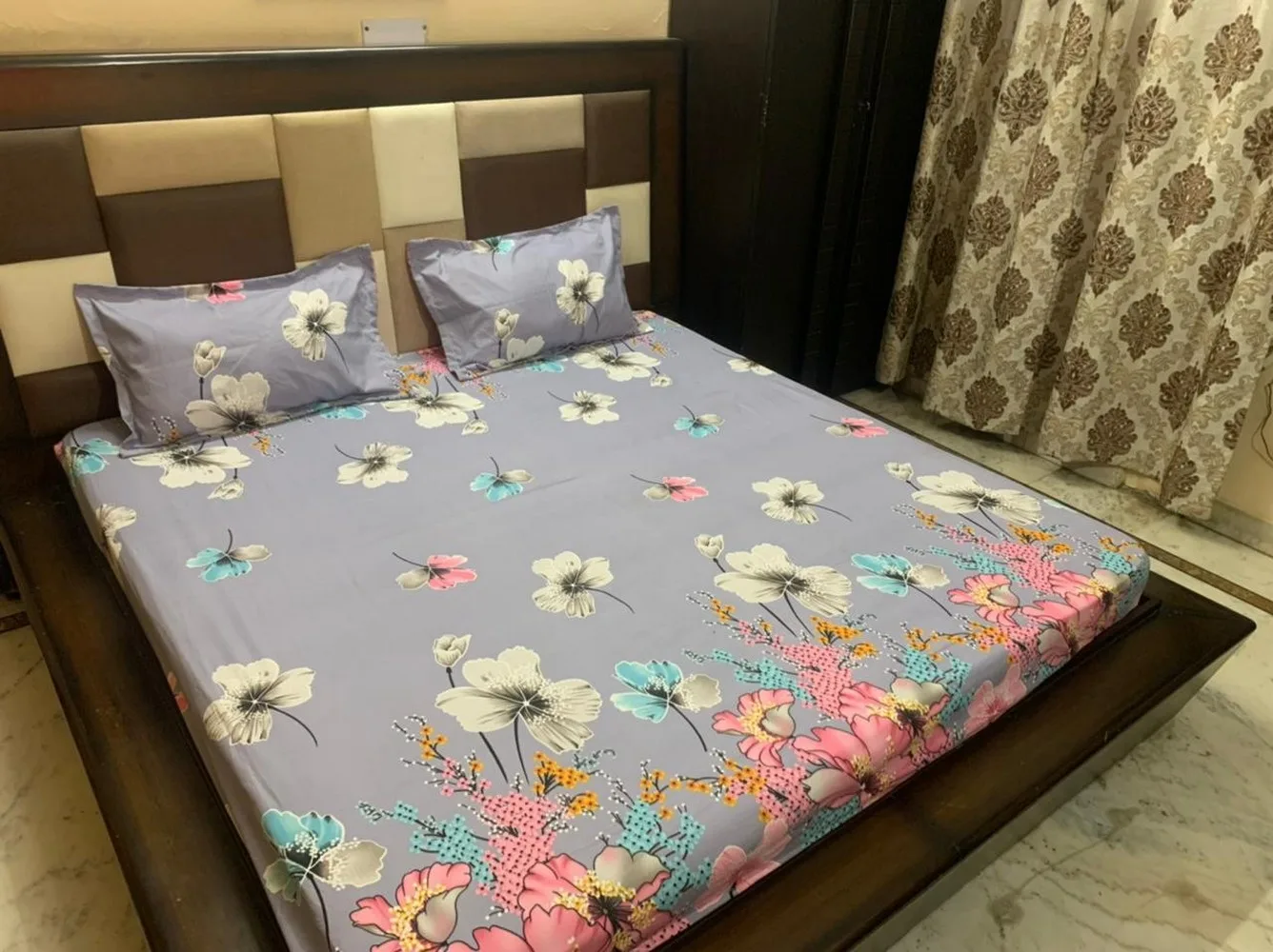 Bedsheet printed, Fitted, Elastic Corner, 90x100, Glace Cotton, 2 Pillow Covers, flowers design