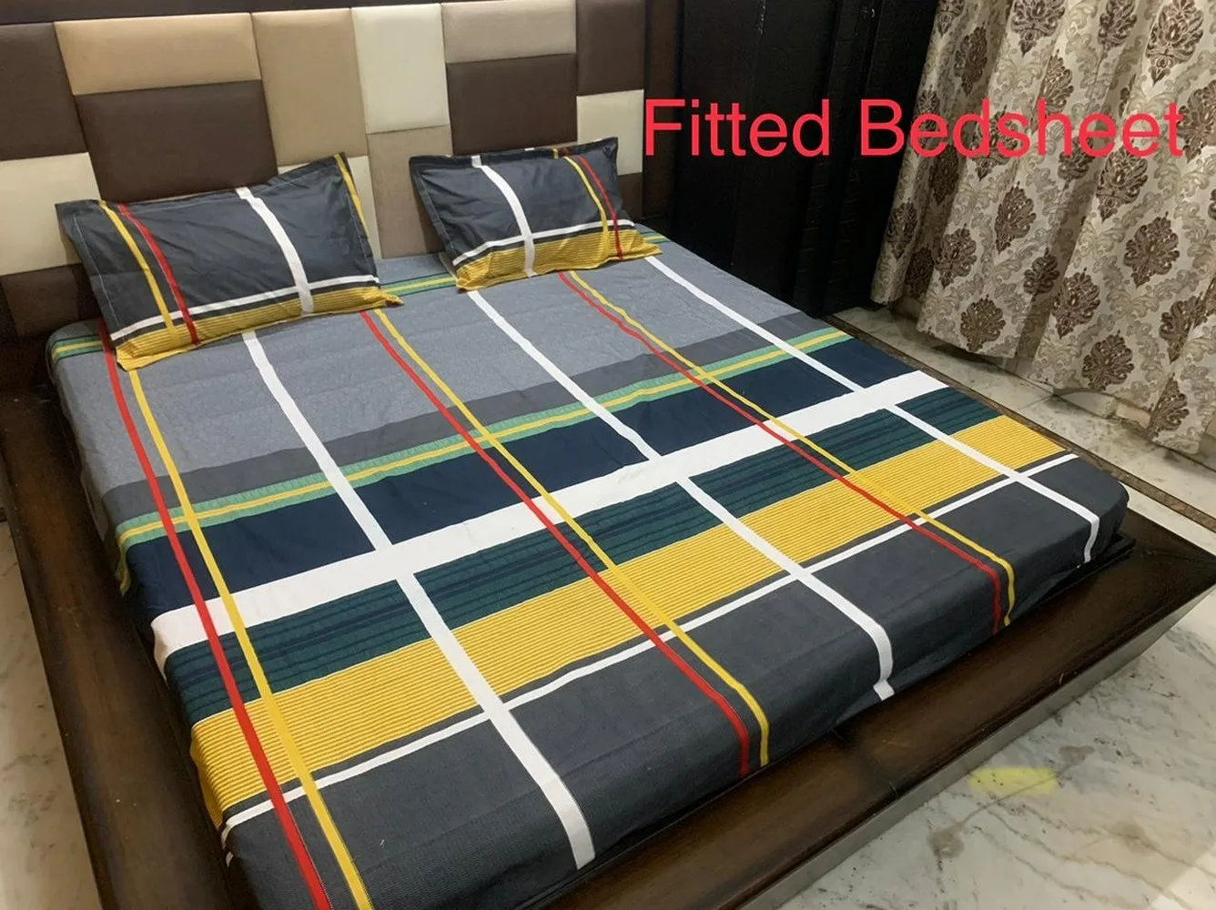 Bedsheet printed, Fitted, Elastic Corner, 90x100, Glace Cotton, 2 Pillow Covers, grey, box lines design