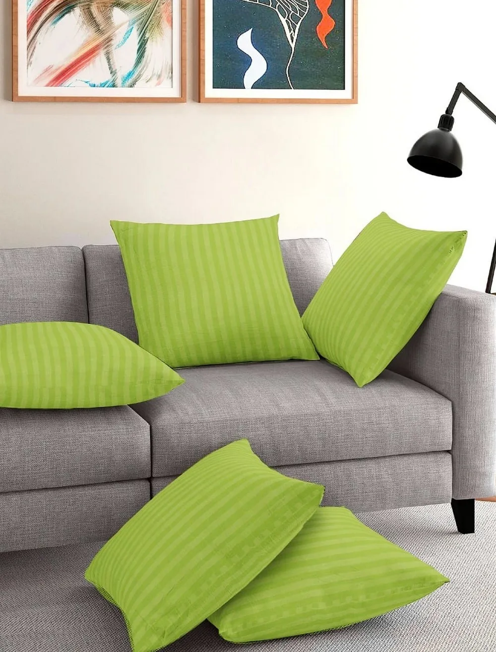 Cushion cover striped, glace cotton, 16x16, Set of 5, lemon green