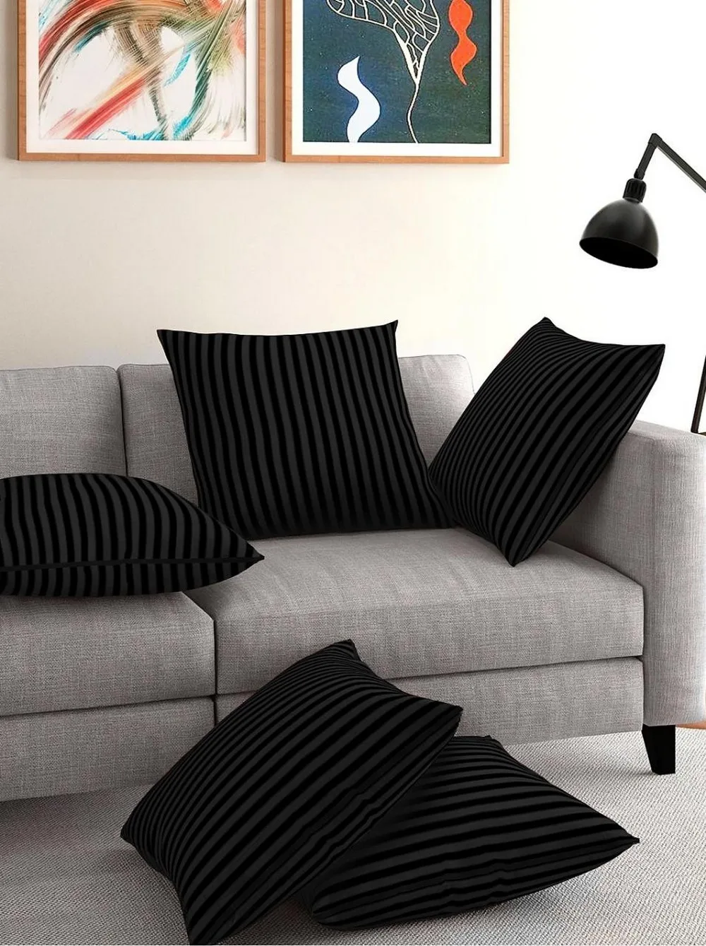 Cushion cover striped, glace cotton, 16x16, Set of 5, black