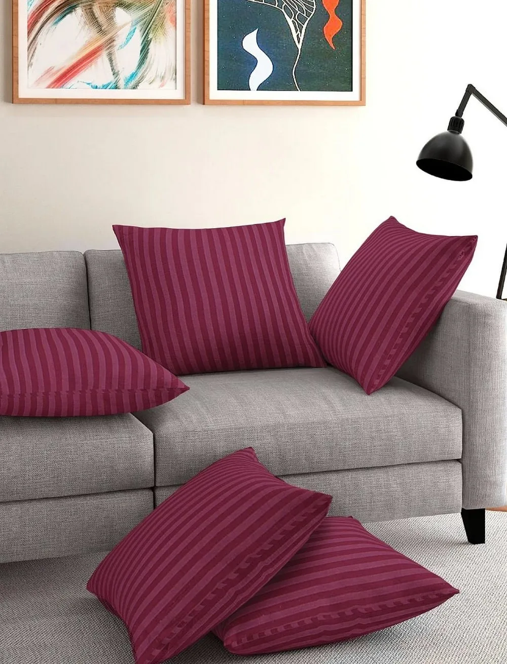 Cushion cover striped, glace cotton, 16x16, Set of 5, magenta