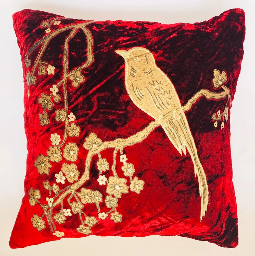 Cushion cover golden bird, maroon, 16x16, set of 5