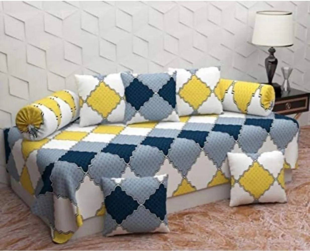 Diwan Set 1 bedsheet 60x90, 5 cushion cover 16x16, 2 bolster cover 16x30, 8 pieces, yellow blue abstract diamond, 3d polyester