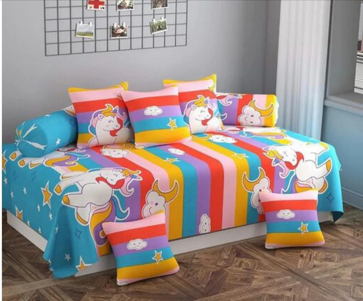 Diwan Set 1 bedsheet 60x90, 5 cushion cover 16x16, 2 bolster cover 16x30, 8 pieces, colorful, unicorn