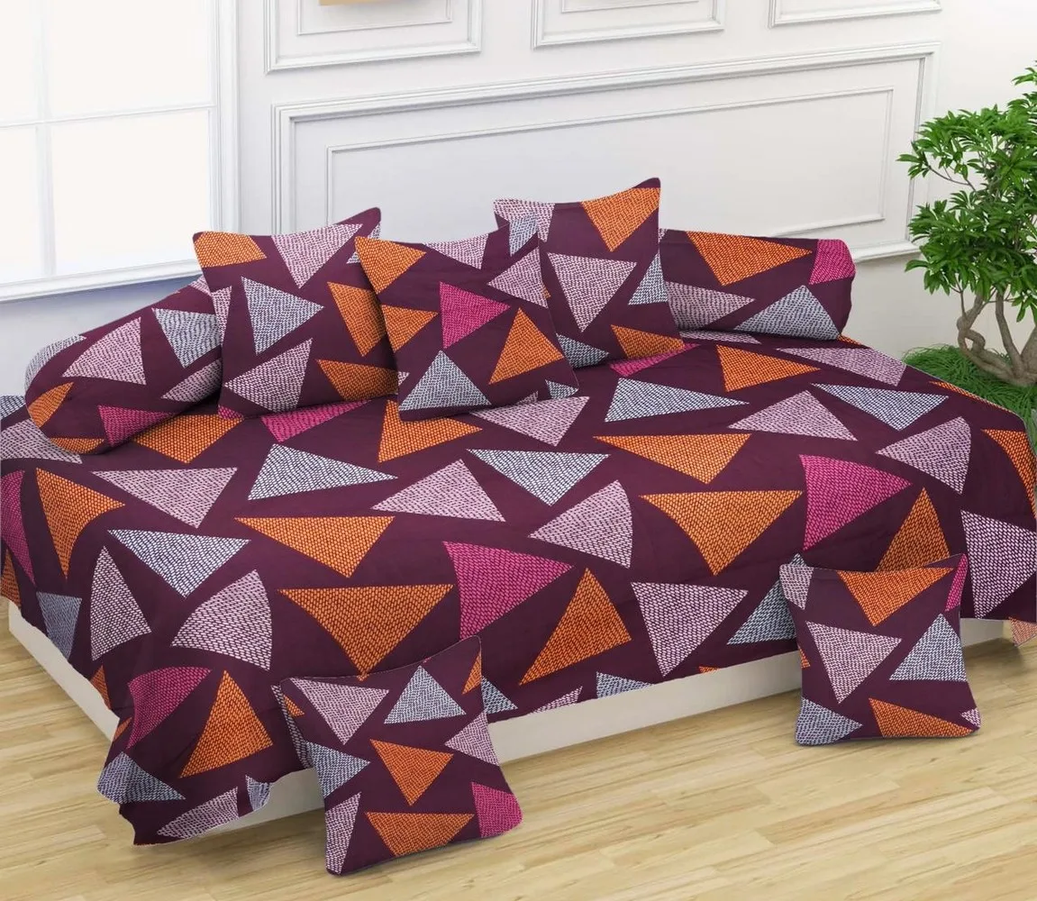 Diwan Set 1 bedsheet 60x90, 5 cushion cover 16x16, 2 bolster cover 16x30, 8 pieces, maroon, triangle