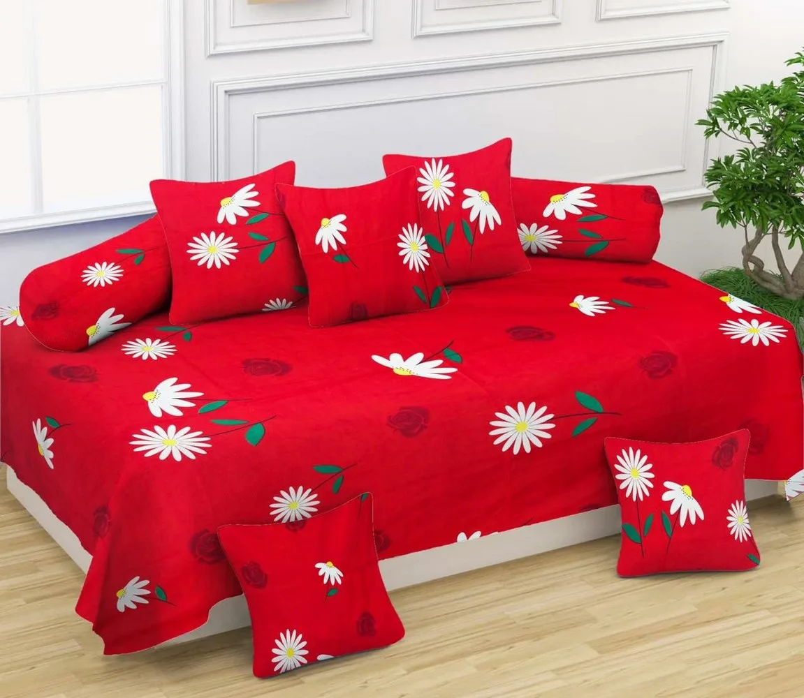 Diwan Set 1 bedsheet 60x90, 5 cushion cover 16x16, 2 bolster cover 16x30, 8 pieces, red, floral