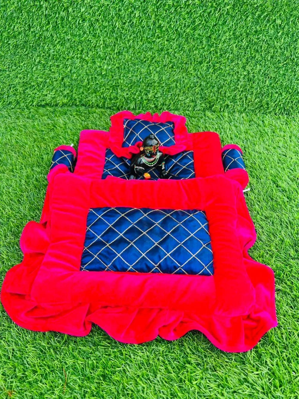 Laddu Gopal bedding set velvet, Gadda, 
Booster, Pillow, red, blue