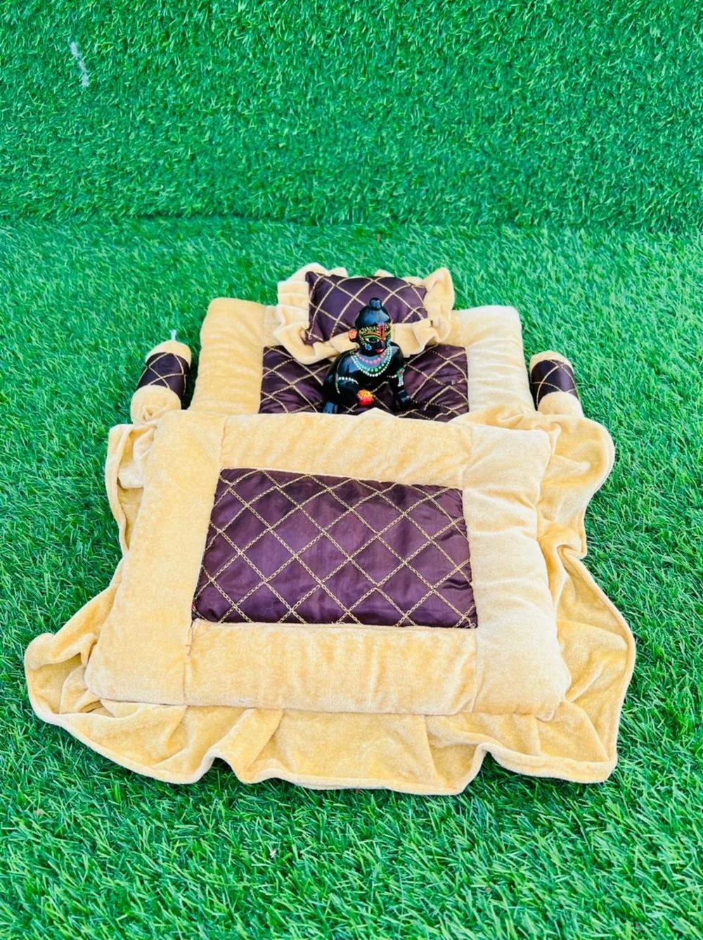 Laddu Gopal bedding set velvet, Gadda, 
Booster, Pillow, mustard, dark