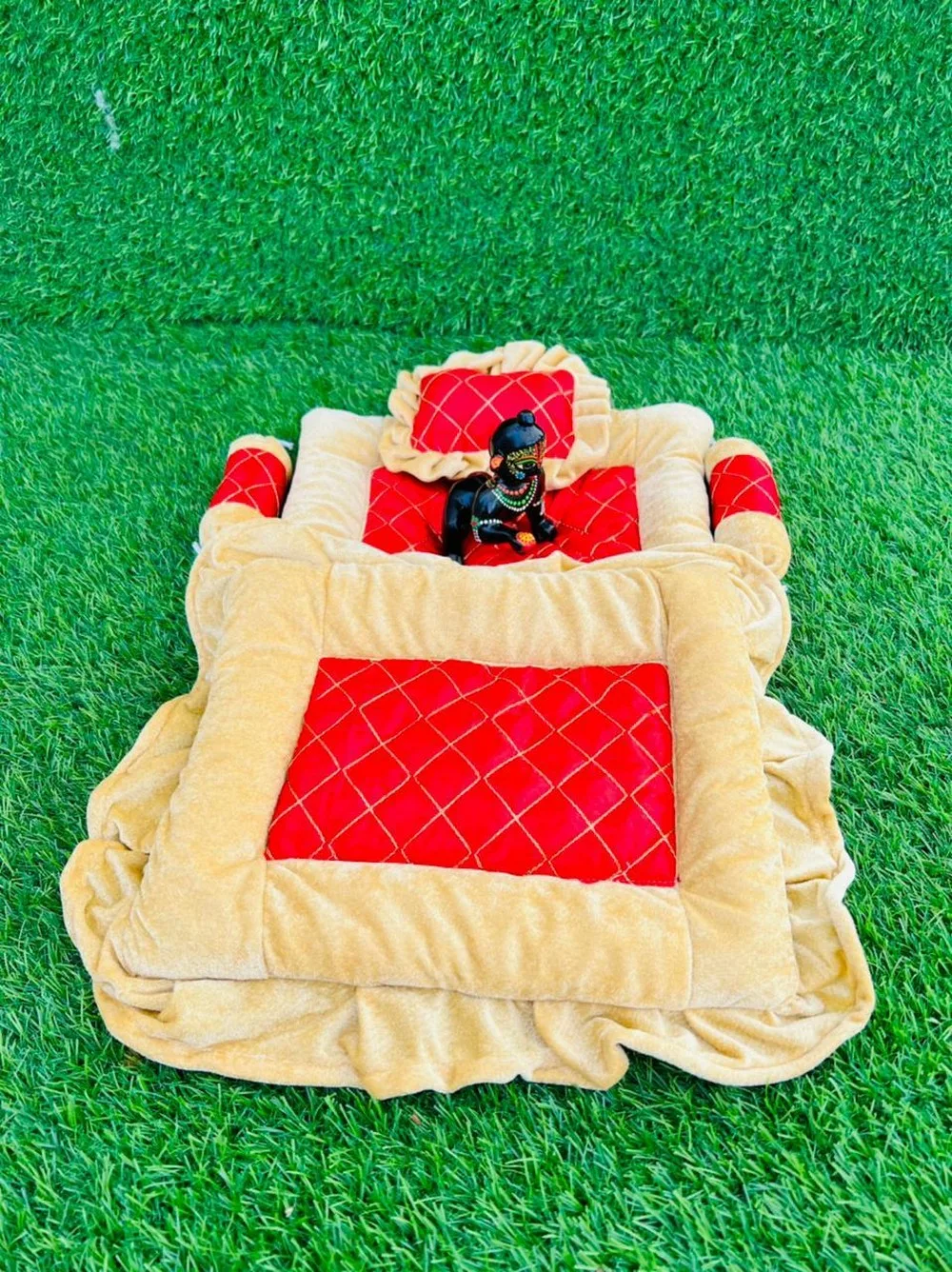 Laddu Gopal bedding set velvet, Gadda, 
Booster, Pillow, golden, red