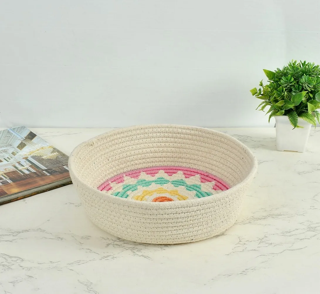 Cotton Tiny Round Printed Basket, White, 10x3.5