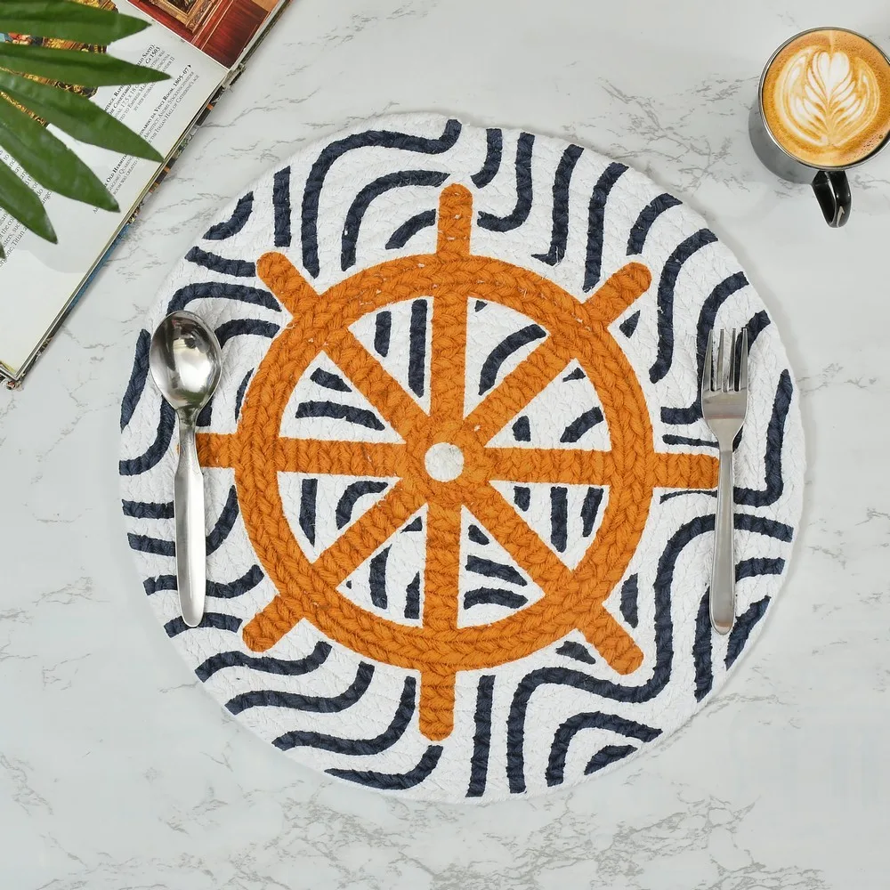 Printed cotton placemat, ship steering wheel, white blue, 14x14