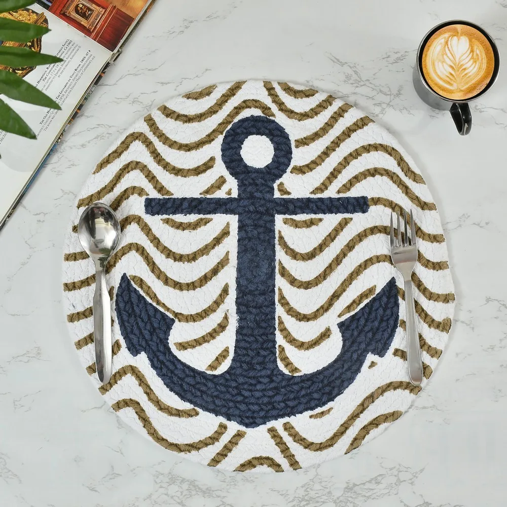 Printed cotton placemat, ship anchor, white blue, 14x14