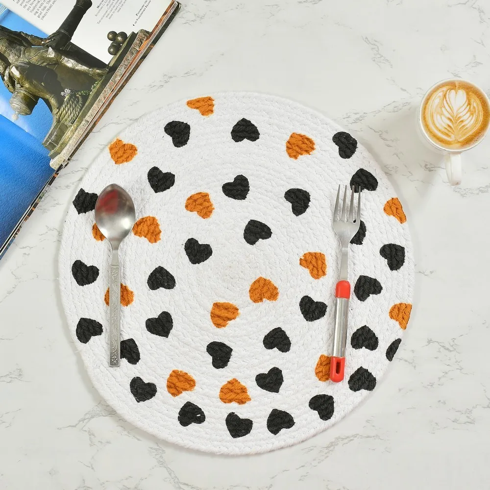 Printed heart cotton placemat round, 14x14, White, Blue, Orange, Pack of 2