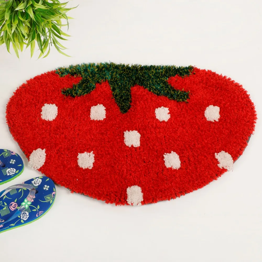 Strawberry shape Polyester Micropoly Shaggy Rug, Red, Green, 16x24 inches