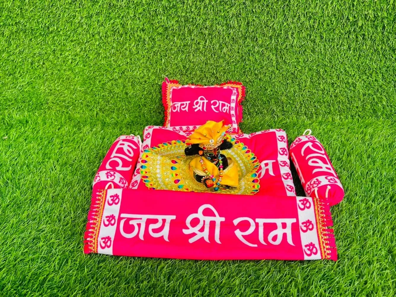 Jai Shree Ram Text Printed Laddu Gopal Bedset, 5 pieces, Pink