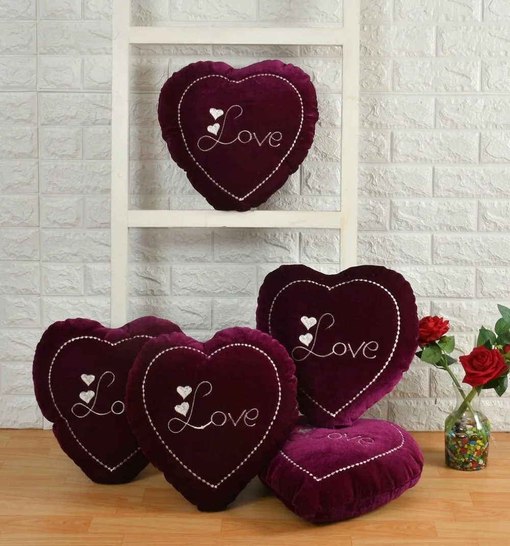 Love text heart shaped velvet cushion, 12x12, dark purple, set of 5