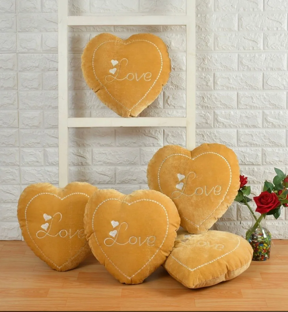 Love text heart shaped velvet cushion, 12x12, mustard, set of 5