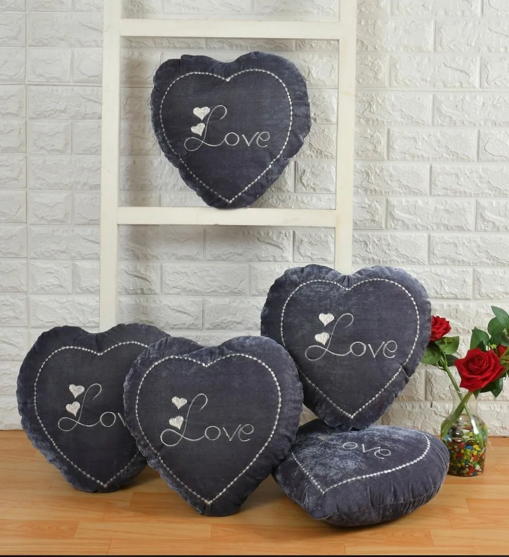 Love text heart shaped velvet cushion, 12x12, dark grey, set of 5