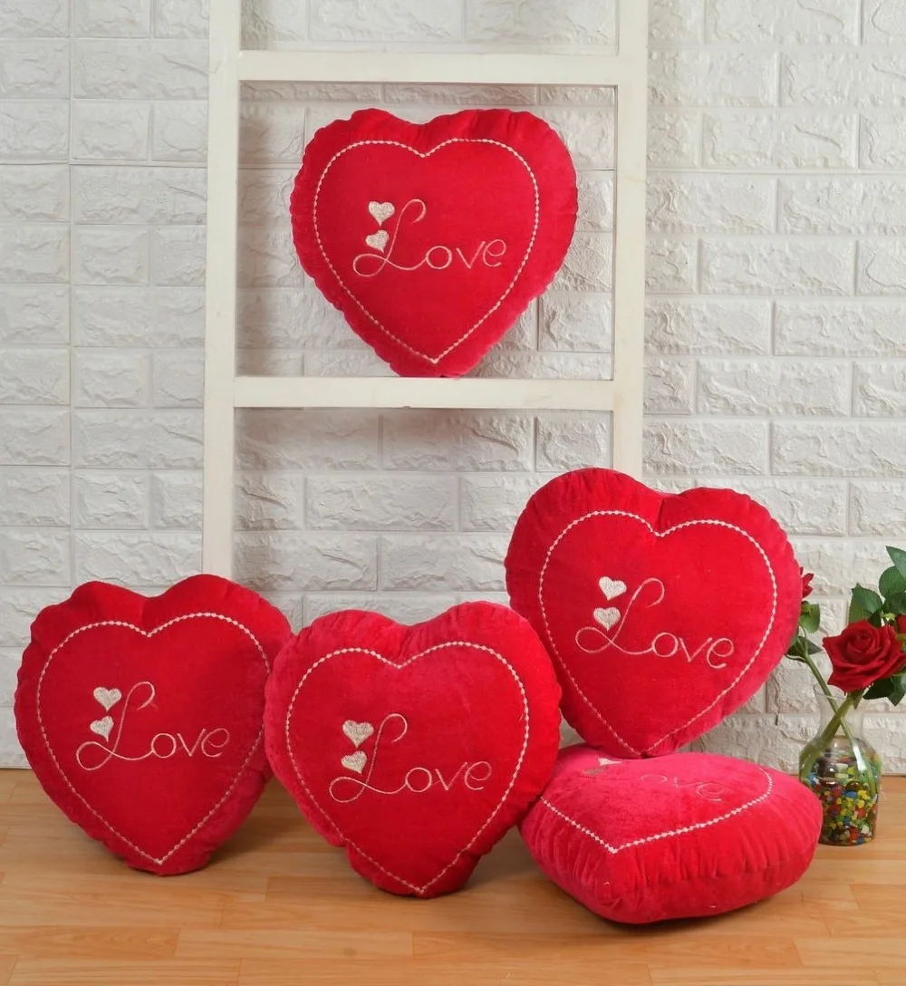 Love text heart shaped velvet cushion, 12x12, lite red, set of 5