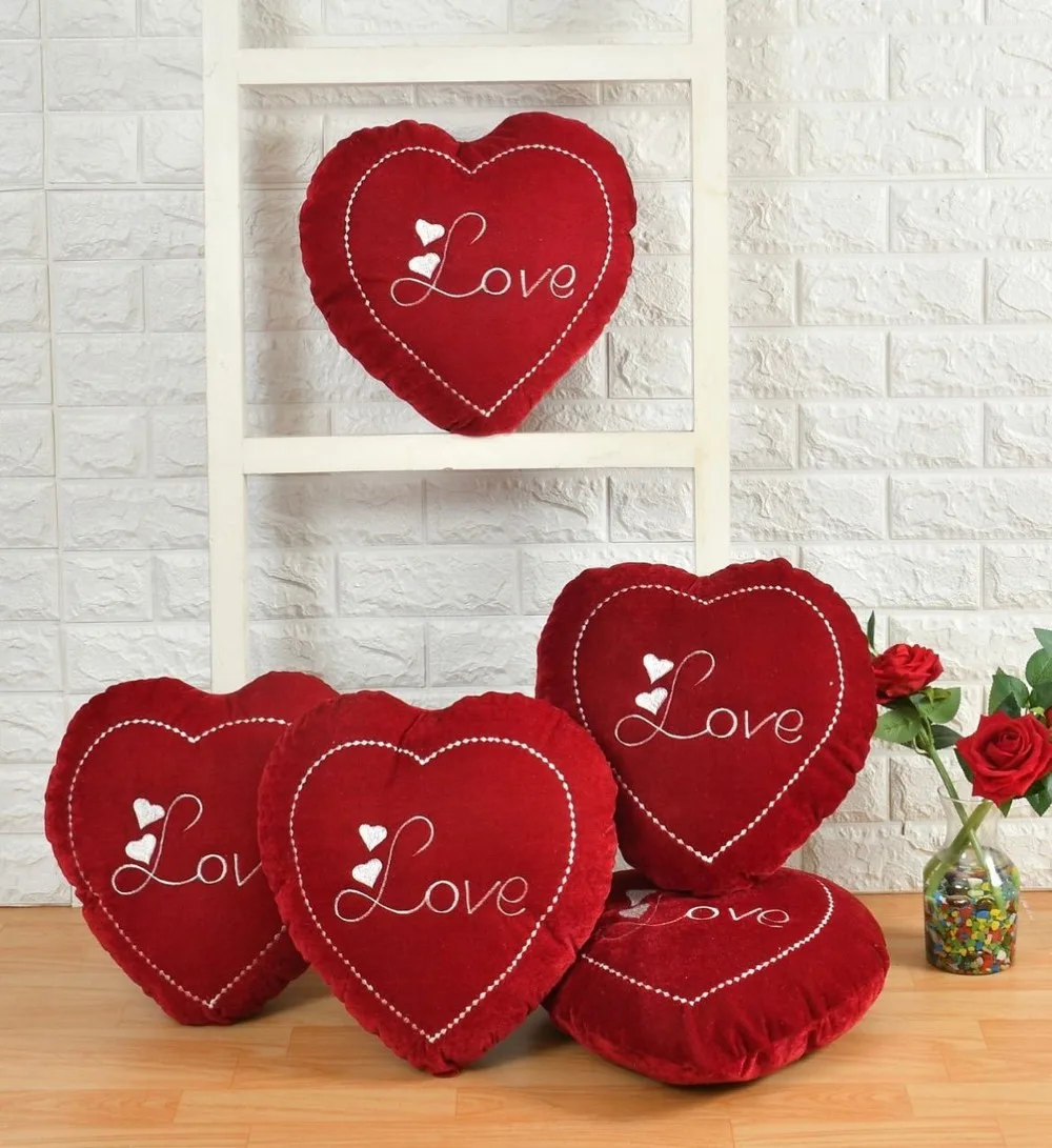 Love text heart shaped velvet cushion, 12x12, dark red, set of 5