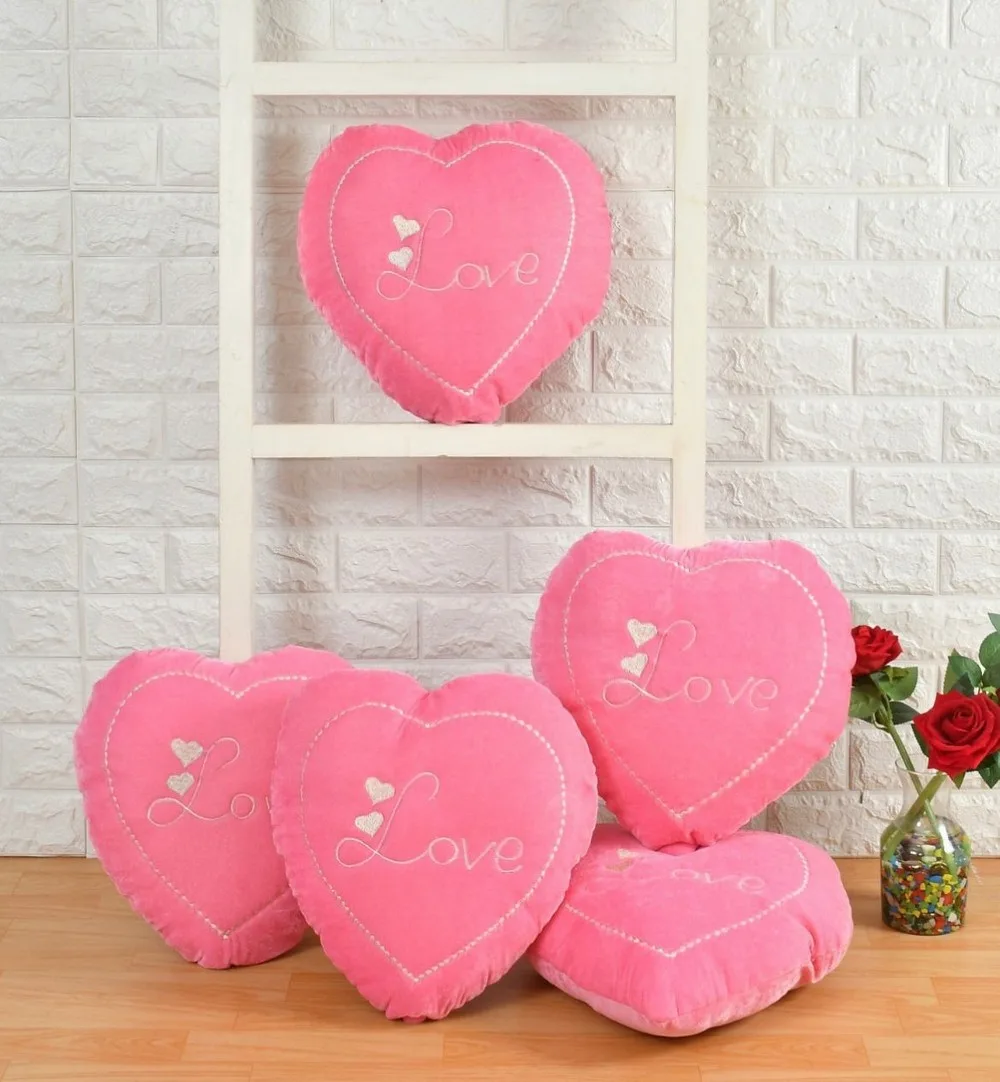 Love text heart shaped velvet cushion, 12x12, lite pink, set of 5