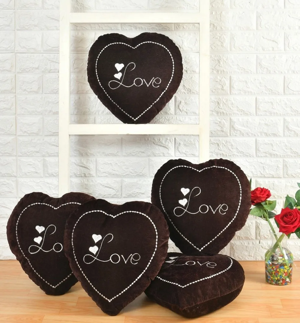 Love text heart shaped velvet cushion, 12x12, dark brown, set of 5