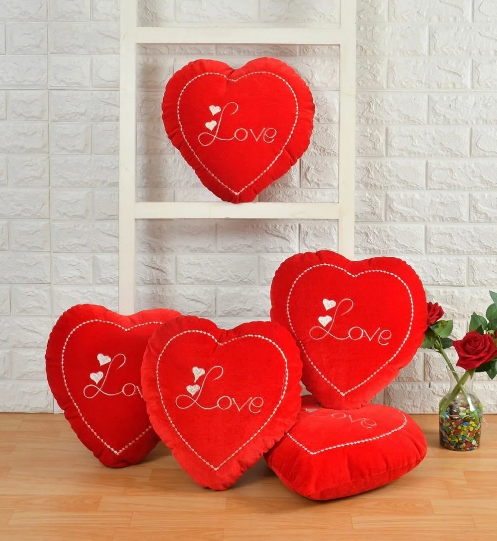 Love text heart shaped velvet cushion, 12x12, bright red, set of 5
