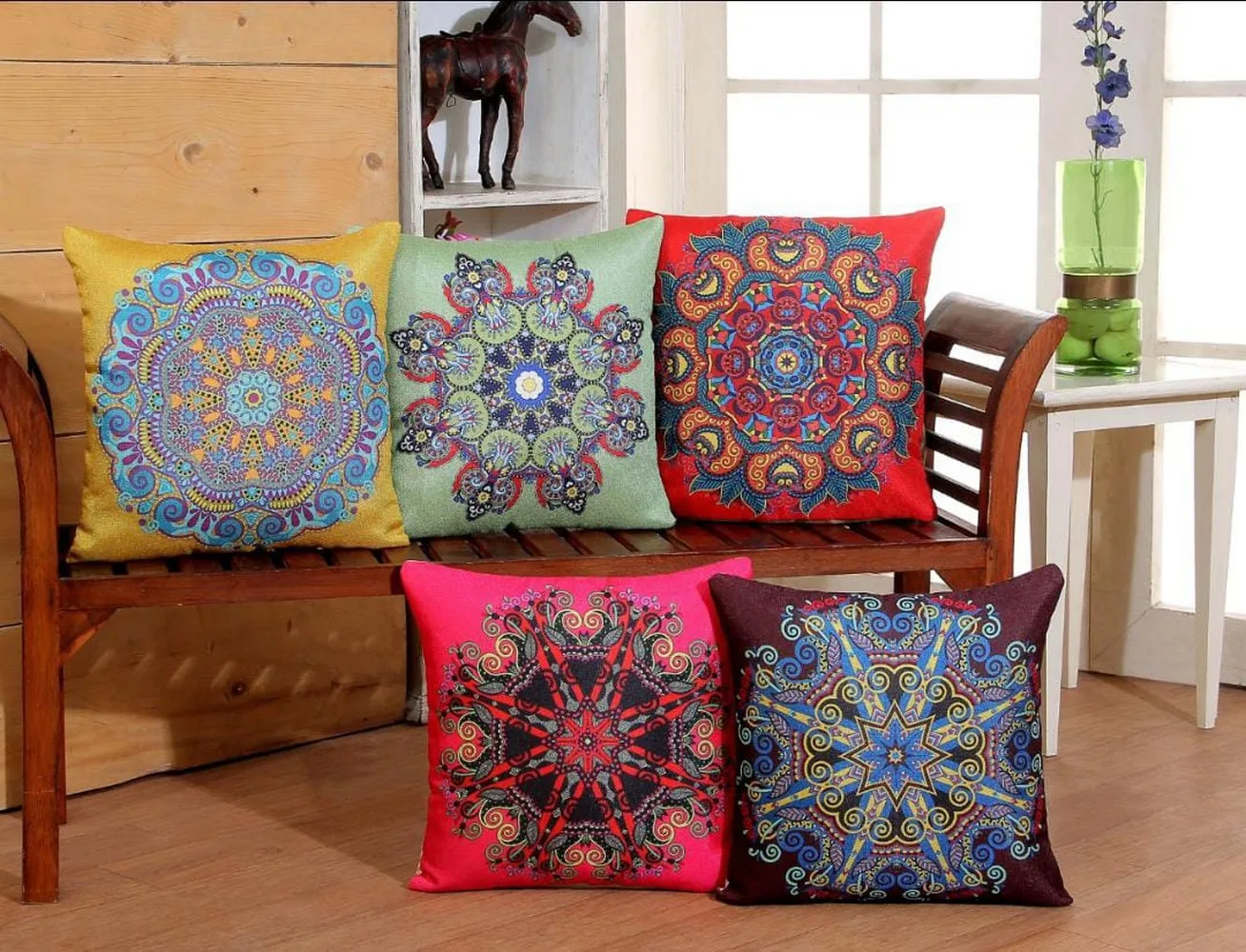 Printed cushion cover jute front, 16x16, Set of 5, Mandala art