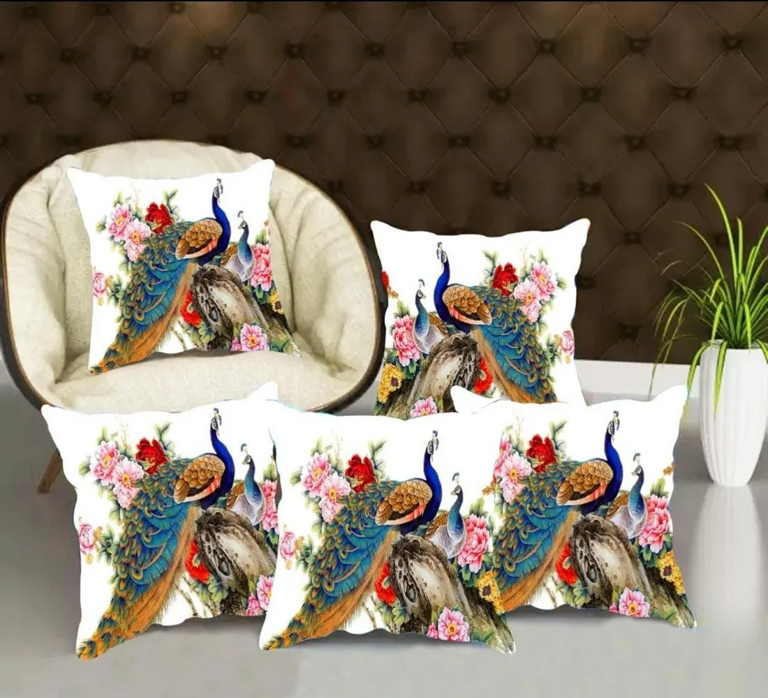 Printed cushion cover jute front, 16x16, Set of 5, Peacock White background