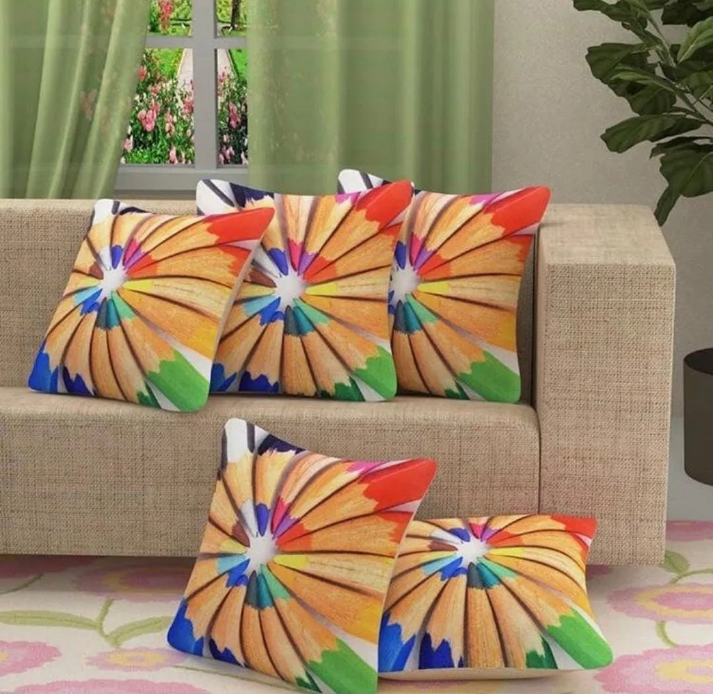 Printed cushion cover jute front, 16x16, Set of 5, Colorful Pencils