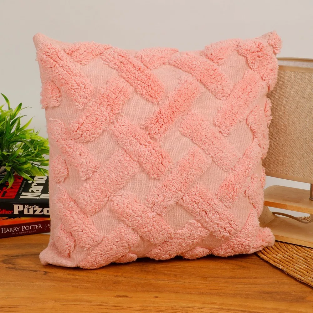 Criss Cross Bars Tufted Cushion Cover, 16x16, Pink